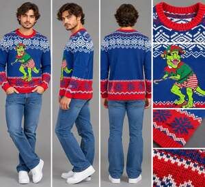 Blizzard Bay Mens L Ugly Christmas Sweater T Rex Dinosaur Elf Blue Red 3D Bells